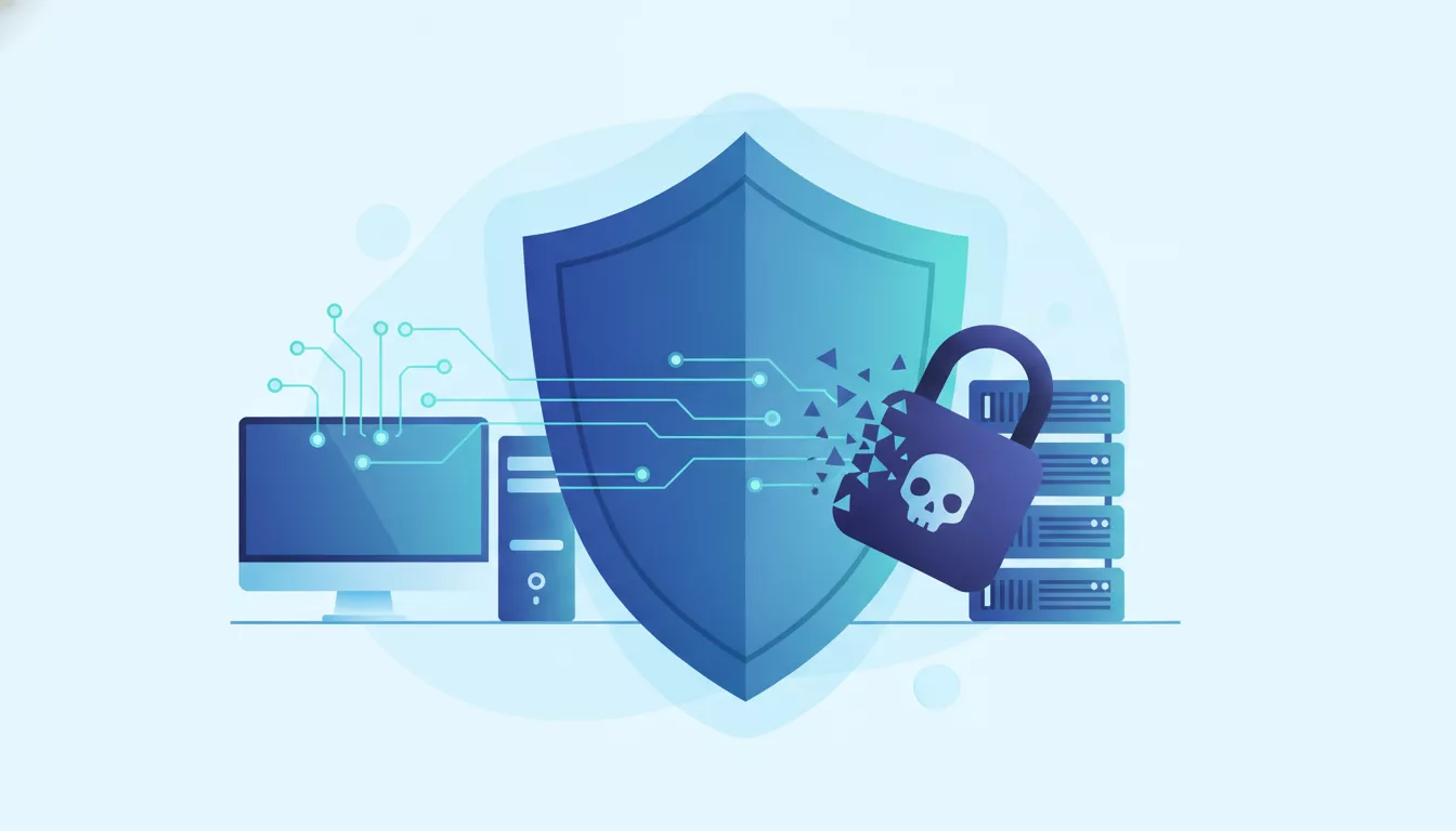 Bouclier de cybersécurité protégeant un poste et un serveur contre un ransomware