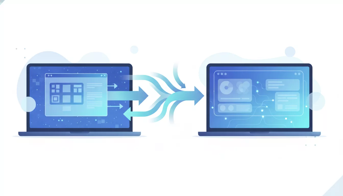 Migration vers Windows 11 avec flèches de progression entre ancien et nouveau système