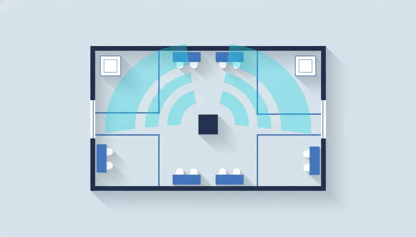 Illustration de bornes Wi-Fi couvrant un plan de bureaux