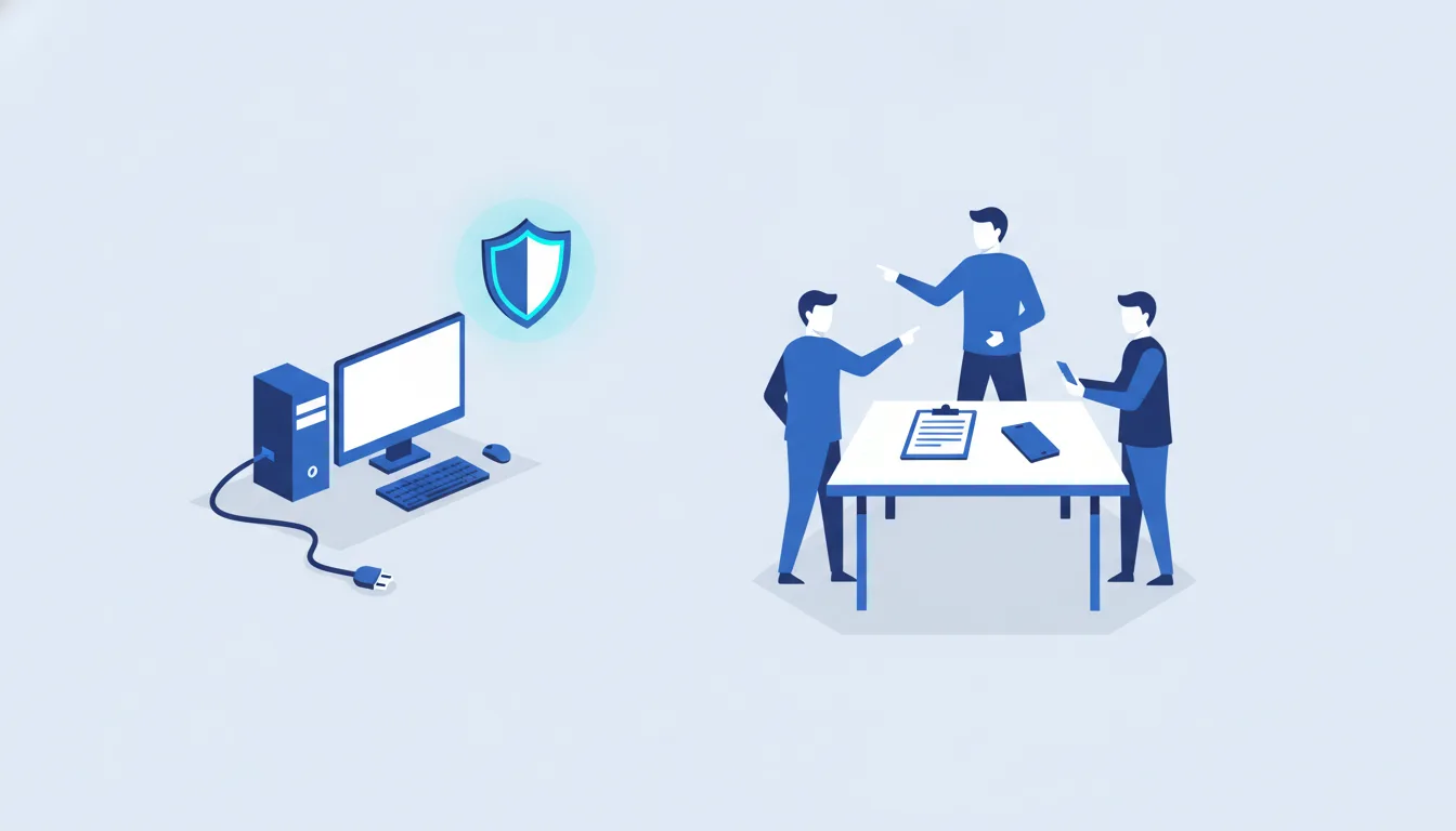 Illustration d'un poste informatique isolé du réseau et d'une équipe de crise autour d'une table